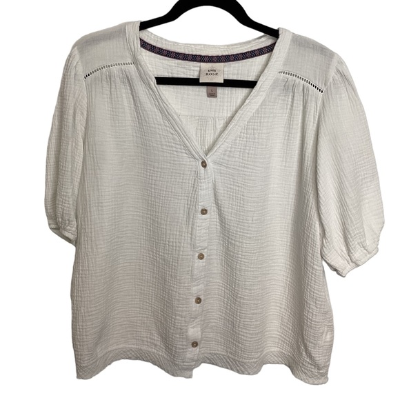 Knox Rose Tops - Knox Rose Women’s Blouse White Cotton Gauze Short Sleeve V Neck Frayed Hem Sz L